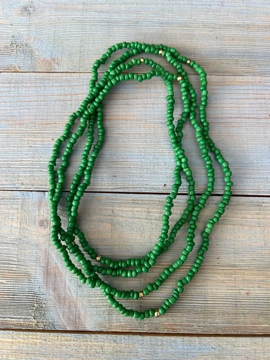 3pc Spring Necklace Set Red Choker, Green Seed Bead, Long Gold Multicolor Layers - Picture 5 of 13